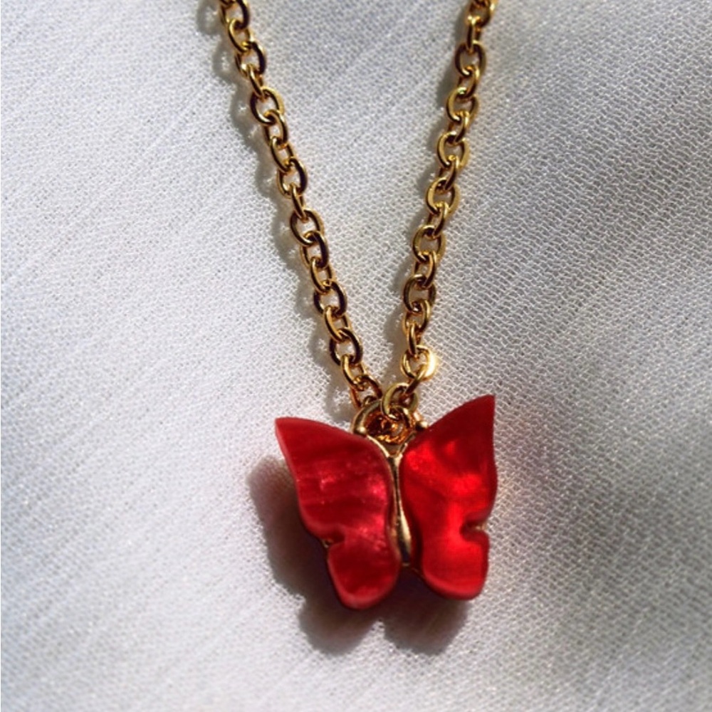 Red Stainless Steel & Acrylic Butterfly Necklaces